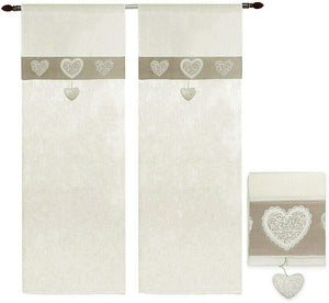 Tende Finestre Porta 60x240 cm Tessuto Lino Semitrasparente Coppia 2 Pz Shabby Chic Cuori Tortora