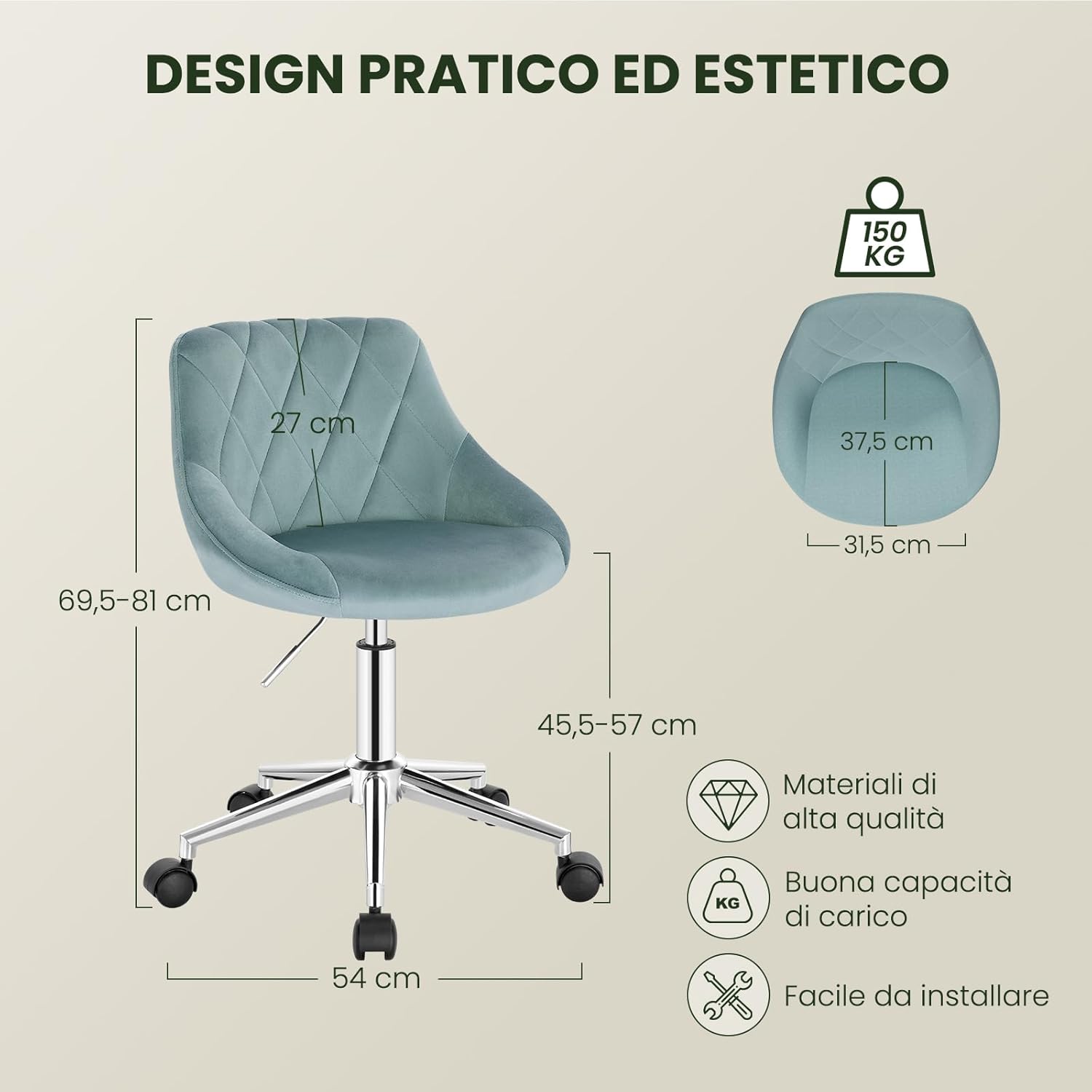 Sedia da Scrivania Moderna, Sgabello Regolabile Senza Braccioli, per Camera da Letto Studio Soggiorno, Turchese