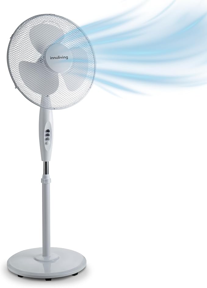 Innoliving Ventilatore a Piantana INN-503ROUND, Griglia Mesh, Diametro 40 cm, 3 Velocità, Oscillazione, Altezza Regolabile, Base Rotonda
