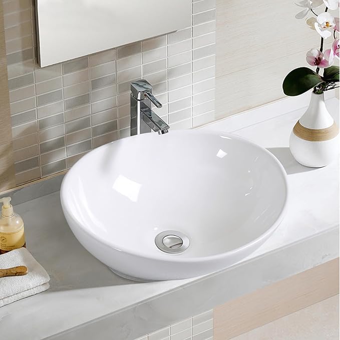 Lavabo Ovale in Ceramica, Lavandino di Forma Ovale, Dotato con Set di Tubo di Scarico, 41x 33,5 x 14 cm, Bianco