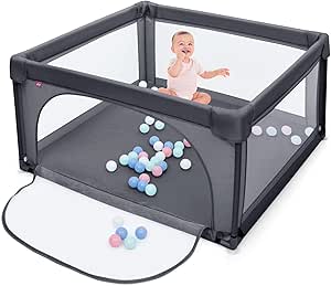 Box per Bambini, Centro Attivit¨¤ Portatile con Cancelli di Sicurezza, Recinto Resistente con Ventose Antiscivolo e Pareti a Rete Traspirante, Cancello per Giocare con 50 Palline (Grigio Scuro)