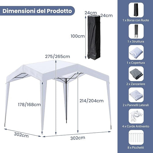 Gazebo Pop-up da Esterno 302 x 302 cm, Gazebo Pieghevole con 4 Pareti Laterali, Rete a Maglia, Borsa con Ruote, 8 Picchetti e 4 Corde Antivento, Tendone Impermeabile per Spiaggia e Cortile