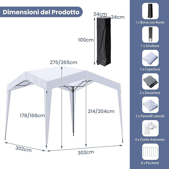 Gazebo Pop-up da Esterno 302 x 302 cm, Gazebo Pieghevole con 4 Pareti Laterali, Rete a Maglia, Borsa con Ruote, 8 Picchetti e 4 Corde Antivento, Tendone Impermeabile per Spiaggia e Cortile