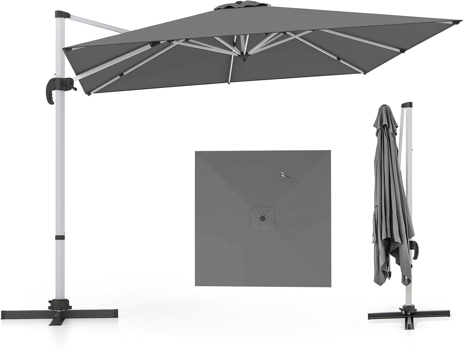 Ombrellone da Giardino 300 cm, Ombrellone Quadrato da Esterno con Rotazione a 360°, Inclinazione Regolabile, Base a Croce, 8 Stecche (Grigio, 300 x 300 x 261 cm)