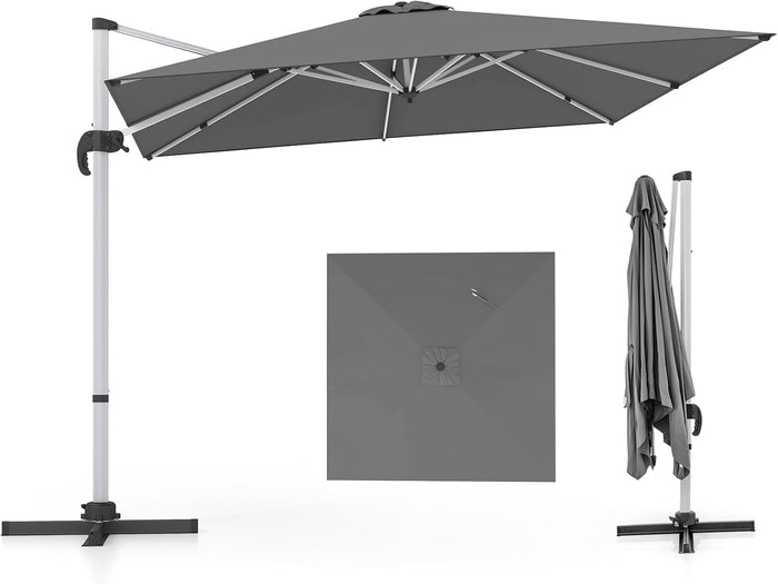 Ombrellone da Giardino 300 cm, Ombrellone Quadrato da Esterno con Rotazione a 360°, Inclinazione Regolabile, Base a Croce, 8 Stecche (Grigio, 300 x 300 x 261 cm)