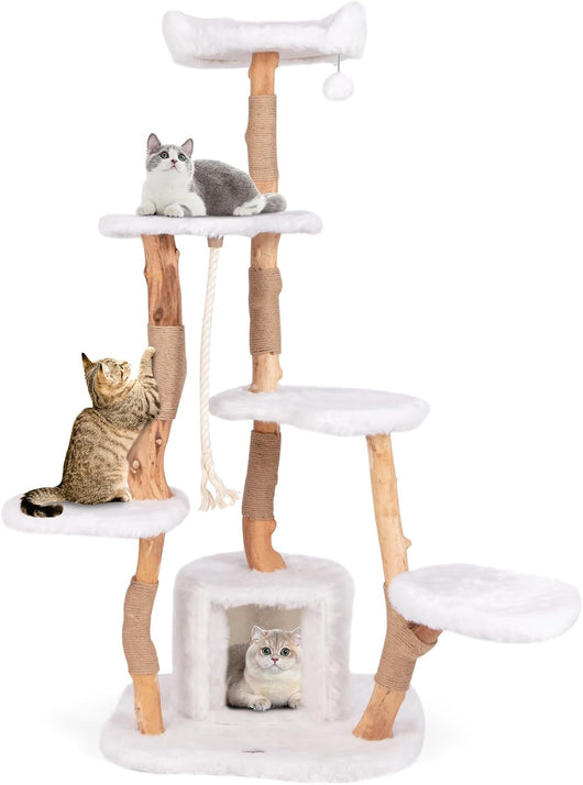 Tiragraffi per Gatti 168cm in Legno Massello, Torre Moderno a 6 Livelli con Trespolo, Pali per Graffiare, Pallina e Morbido Peluche, Mobile per Animali Domestici, Bianco e Naturale