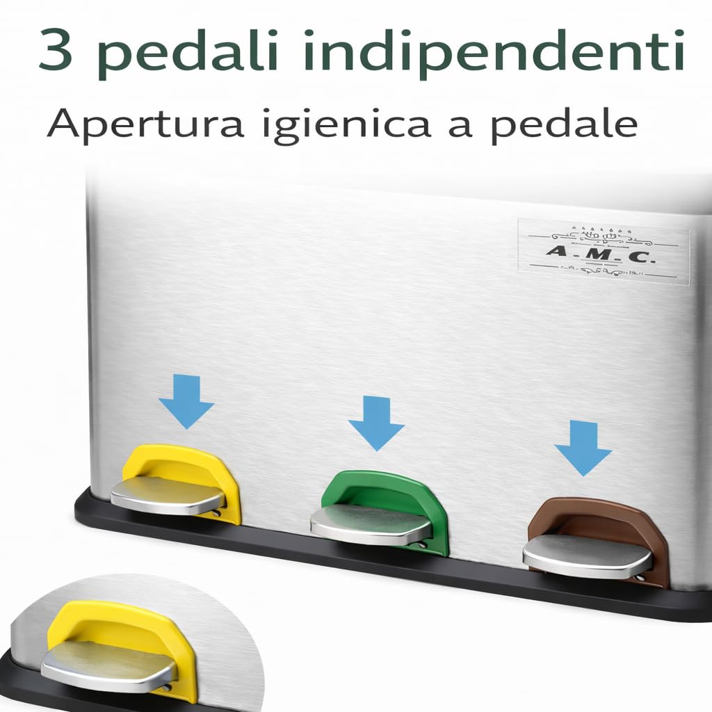 Pattumiera Differenziata 45L (3x15L) con Pedale, Cestino Raccolta Triplo da Cucina in Acciaio Metallico, 3 Scomparti con Coperchio, Colore Argento e Nero.