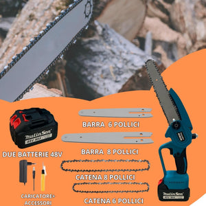 Mini Motosega a Batteria con Oliatore Automatico, 2 Batterie 48V, Barre da 6'' e 8'' Pollici con Catene di Ricambio e Blocco di Sicurezza – Potenza e Versatilità per Lavori di Precisione