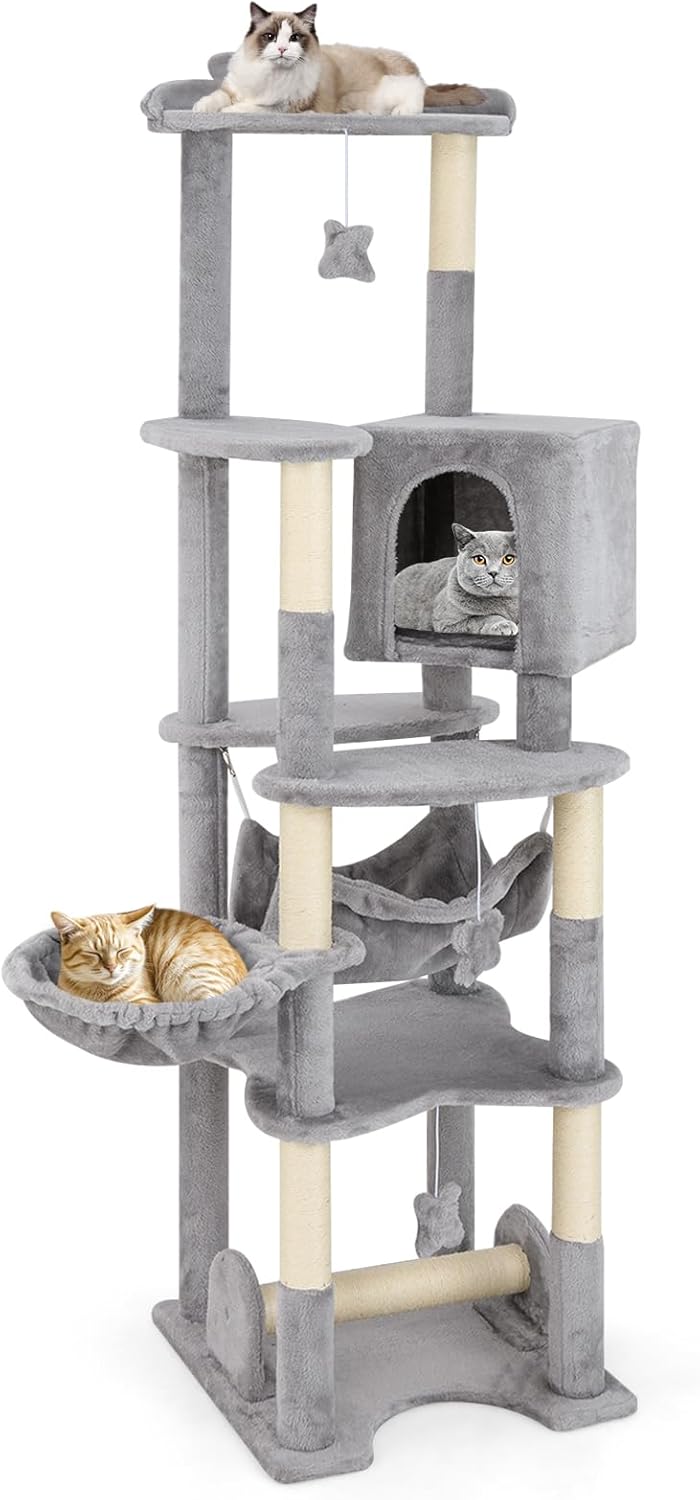 Tiragraffi 176cm, Albero per Gatti con Letto a Cesta, Amaca, Palline, Piattaforme di Salto, Giocattoli, Torre per Animali Domestici da Interno, Grigio