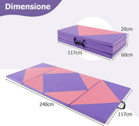 Tappetino Ginnastica Pieghevole 240 CM, Tappetino Fitness con Maniglie e Chiusure a Strappo per Stretching, Yoga, Arti Marziali da Casa e Palestra