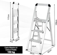 Scala Pieghevole in Alluminio a 3 Gradini, Scaletta Salvaspazio con Corrimano, Ampi Pedali e Piedini Antiscivolo, Telaio in Alluminio Robusto e Leggero, Portata 150kg