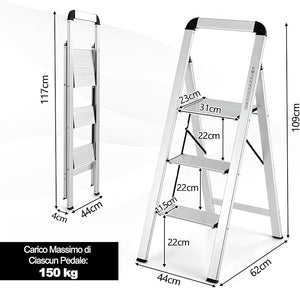 Scala Pieghevole in Alluminio a 3 Gradini, Scaletta Salvaspazio con Corrimano, Ampi Pedali e Piedini Antiscivolo, Telaio in Alluminio Robusto e Leggero, Portata 150kg
