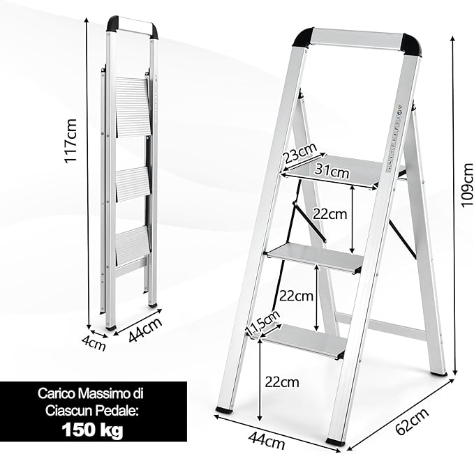 Scala Pieghevole in Alluminio a 3 Gradini, Scaletta Salvaspazio con Corrimano, Ampi Pedali e Piedini Antiscivolo, Telaio in Alluminio Robusto e Leggero, Portata 150kg