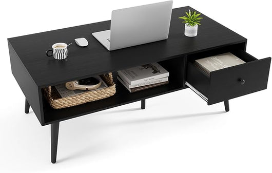 Tavolino da Salotto Rettangolare Design Moderno, Tavolino da Caffè con Cassetto e Mensola Inferiore, Tavolino Basso da Divano con Gambe in Metallo per Soggiorno, 109 x 55 x 42 cm (Nero)