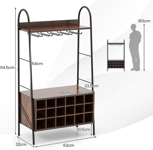 Scaffale da Cucina con Portabottiglie Staccabile e 5 Supporti per Calici, 2 Ripiani, Sistema Antiribaltamento, Mobile da Bar per Cucina, Sala da Pranzo, Bar, Marrone