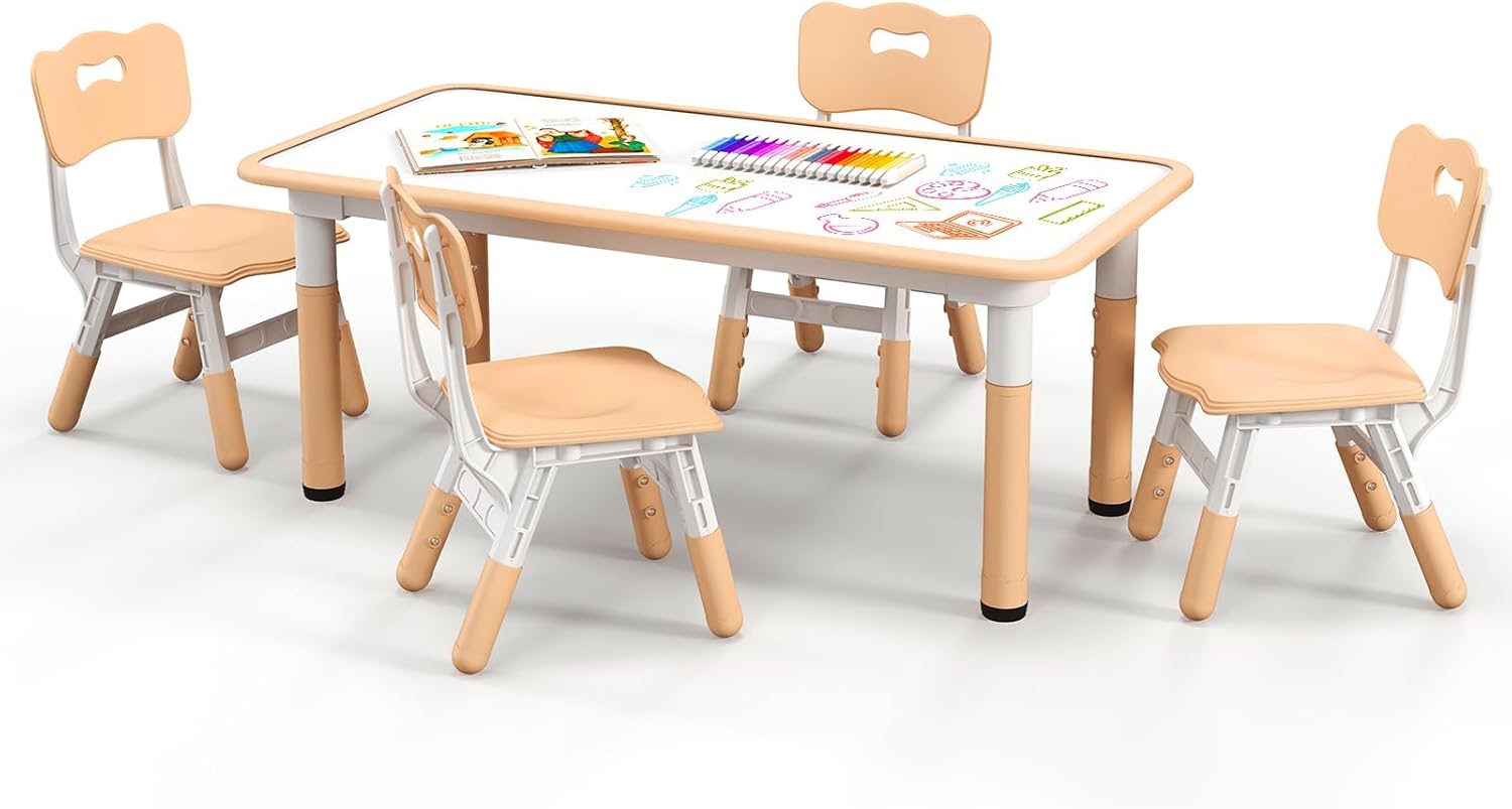 Set Tavolo e 4 Seide per Bambini, Scrivania Regolabile in Altezza con Piano Graffiti, Gambe Antiscivolo, Mobile Multifuzione con 4 Posti per Cameretta, Asilo e Scuola (Naturale)
