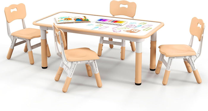 Set Tavolo e 4 Seide per Bambini, Scrivania Regolabile in Altezza con Piano Graffiti, Gambe Antiscivolo, Mobile Multifuzione con 4 Posti per Cameretta, Asilo e Scuola (Naturale)