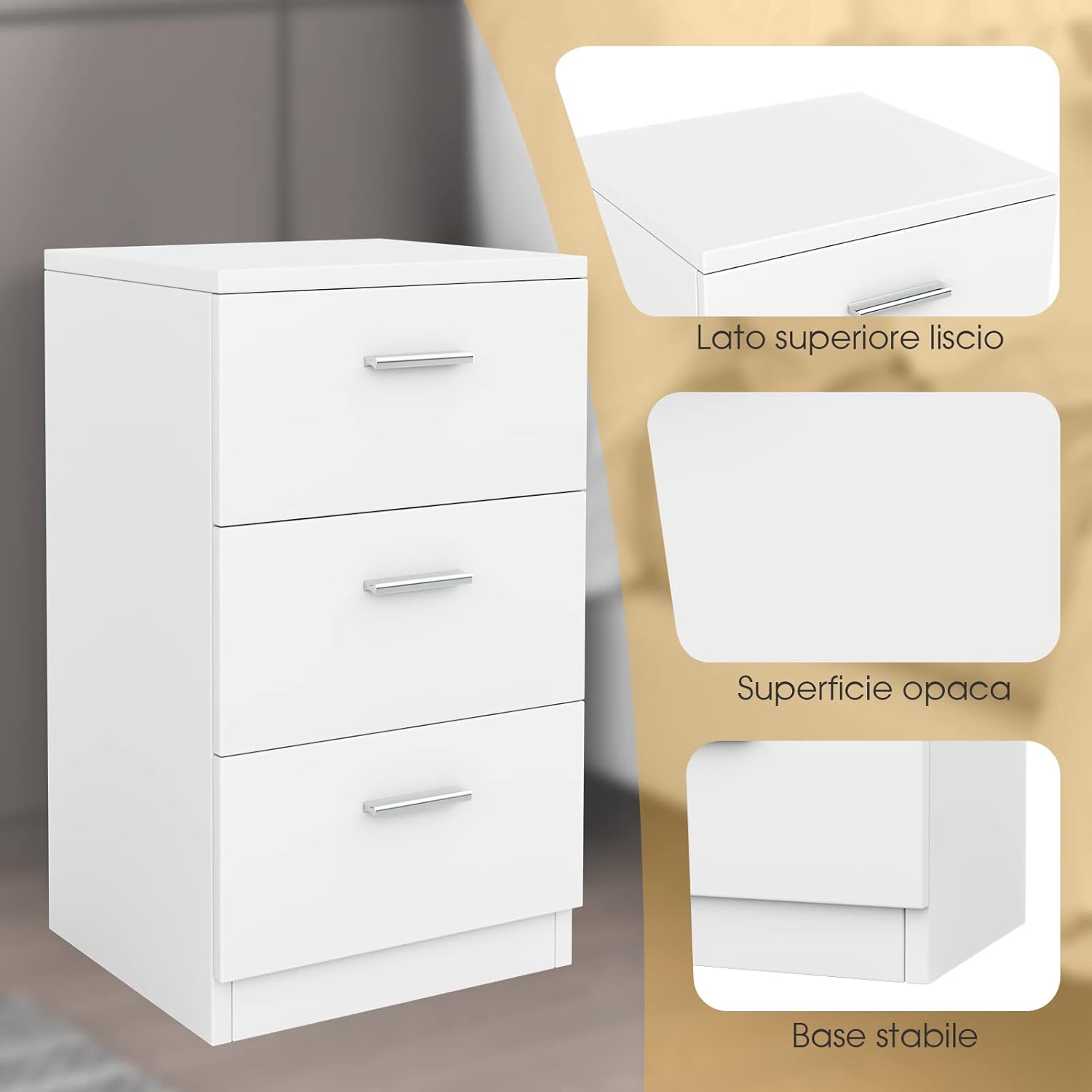 Cassettiera a Tre Cassetti in stile Moderno e Design Lineare Disponibile in colore Bianco o Nero in Legno Truciolato, Adatto per tutti gli ambienti 66 x 38 x 35 cm (Bianco)