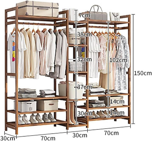 Appendiabiti in bambù, Appendiabiti Indipendente con Asta Appendiabiti, 2 Ripiani e Ganci, Appendiabiti Aperto per Guardaroba, Organizer per Camera da Letto, corridoio, Legno Naturale