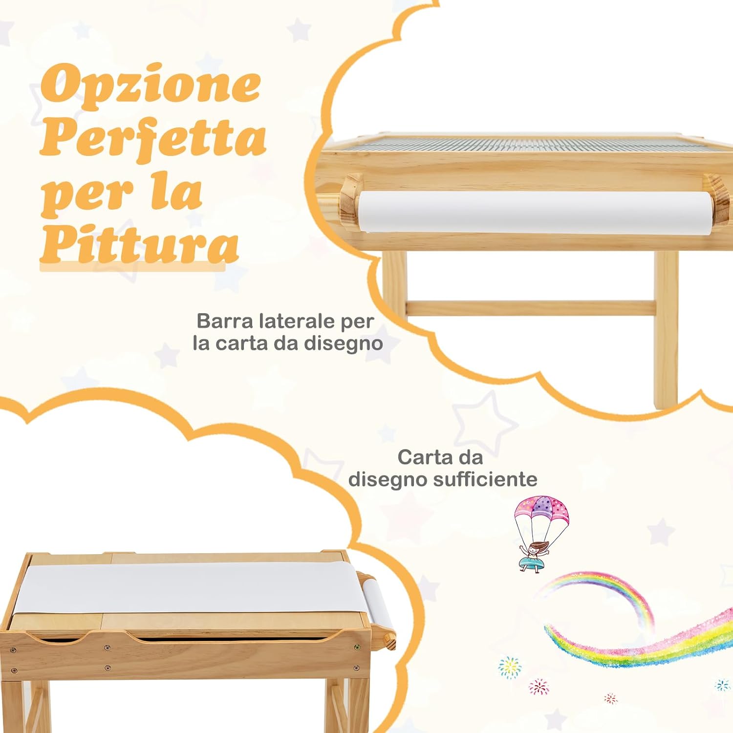 Tavolo da Gioco per Bambini in Legno con Piano Reversibile, Tavolo Multiattività Bambini 2 in 1, Porta Rotolo di Carta da Disegno, per Camera da Letto, Soggiorno (Naturale)