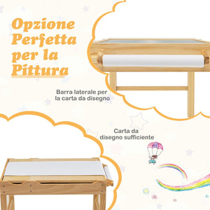 Tavolo da Gioco per Bambini in Legno con Piano Reversibile, Tavolo Multiattività Bambini 2 in 1, Porta Rotolo di Carta da Disegno, per Camera da Letto, Soggiorno (Naturale)