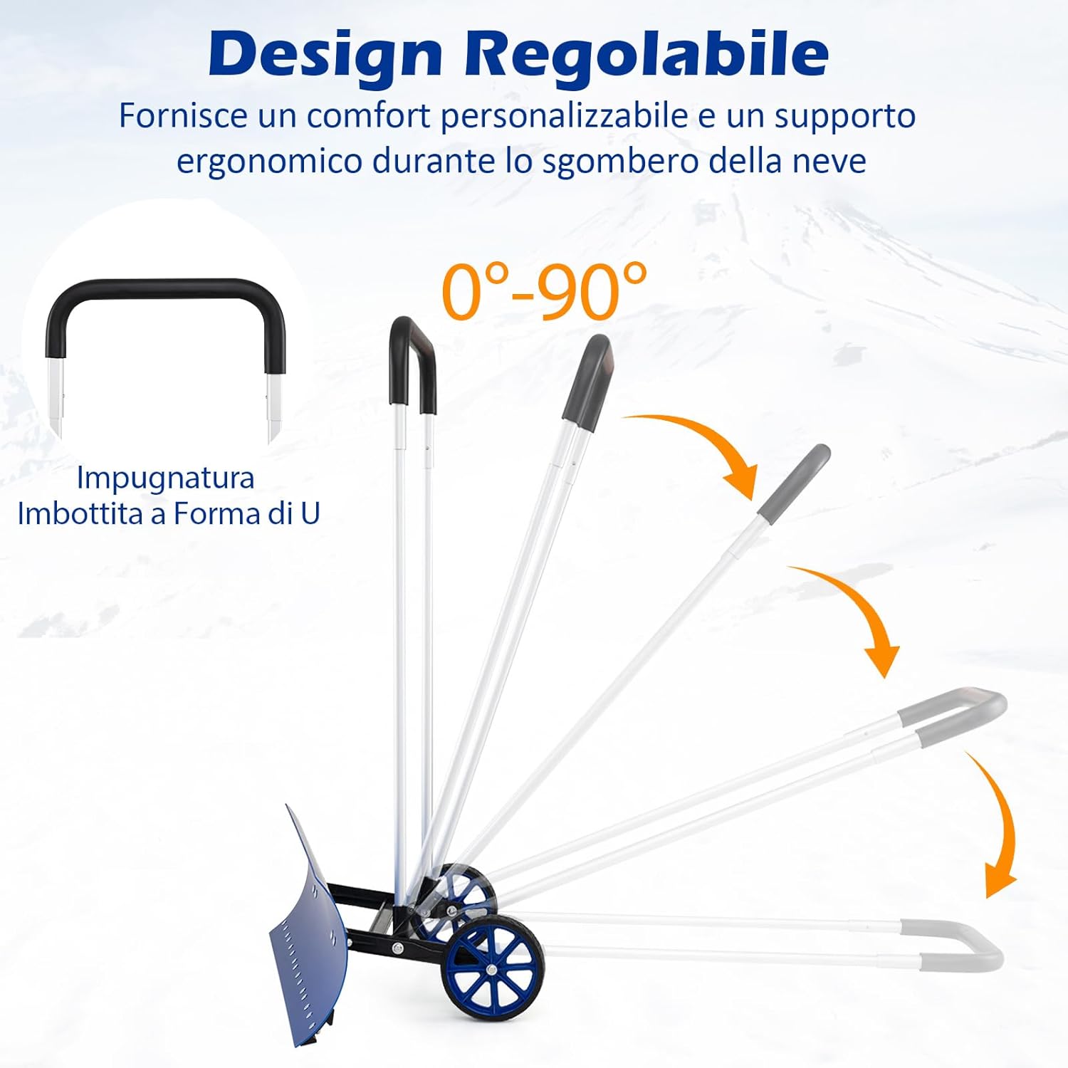 Pala da Neve con Ruote con Lama da 95 cm Angolata, Spazzaneve in Alluminio Manico Regolabile a 90Â° a Forma di U, Spala Neve Manuale per Ingresso, Marciapiedi e Vialetto