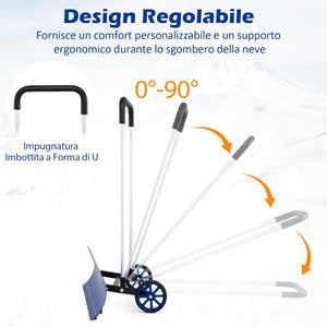 Pala da Neve con Ruote con Lama da 95 cm Angolata, Spazzaneve in Alluminio Manico Regolabile a 90Â° a Forma di U, Spala Neve Manuale per Ingresso, Marciapiedi e Vialetto