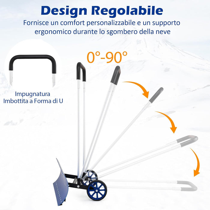 Pala da Neve con Ruote con Lama da 95 cm Angolata, Spazzaneve in Alluminio Manico Regolabile a 90Â° a Forma di U, Spala Neve Manuale per Ingresso, Marciapiedi e Vialetto