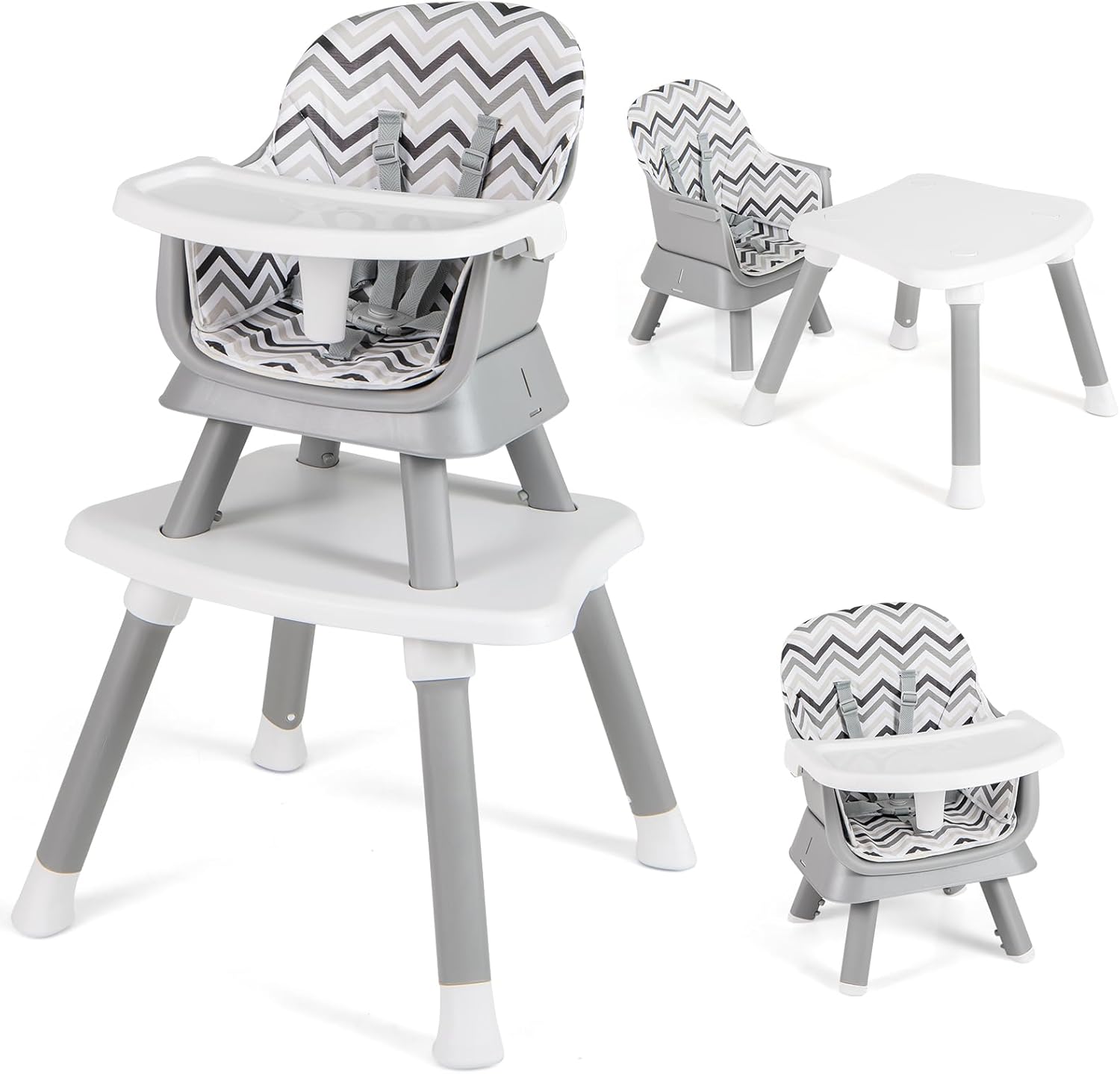 Seggiolone Pappa per Bambini 6 in 1, Seggiolone per Neonati Convertibile, Tavolo per Costruzioni per Bambini, con Imbracatura a 5 Punti, per Bambini da 6 Mesi fino 3 Anni (Gessato)