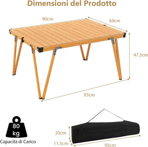 Tavolo da Campeggio Pieghevole, Tavolo da Picnic con Borsa Trasporto e Piano Impermeabile, con Struttura in Alluminio, per Giardino Campeggio, Portata 80 kg (Naturale)