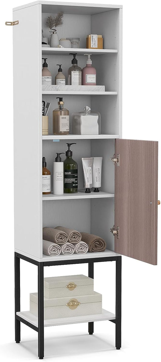 Armadietto da 146 cm di Altezza, Armadietto con Ripiani Regolabili e Ripiano Inferiore, con Supporto Metallico e Porta, per Soggiorno, Cucina e Ufficio, 38 x 30 x 146 cm (Bianco+Grigio)