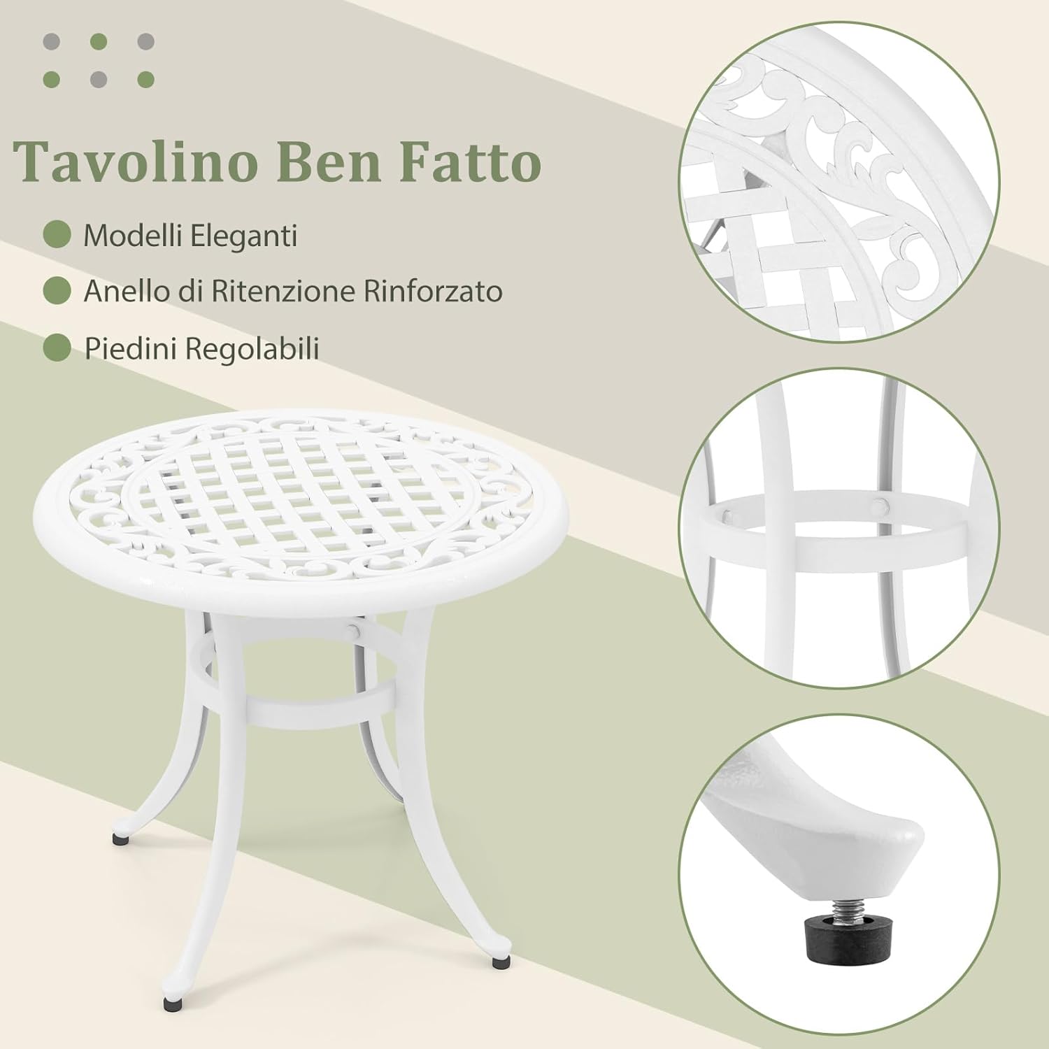 Tavolino da Giardino da 60 cm, Tavolino da Esterno in Alluminio Pressofuso con Piedini Regolabili, Tavolino in Metallo per Piscina, Terrazzo, Balcone, Porta 50 kg, 60 x 53 cm (Bianco)