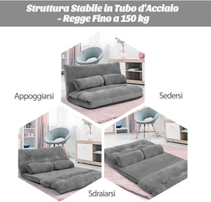 Divano da Terra, Divano Letto Multifunzionale Regolabile in 6 Posizioni con 2 Cuscini, con Fodera in Camoscio per Camera da Letto Salone Balcone (Grigio 156x173x24 cm)