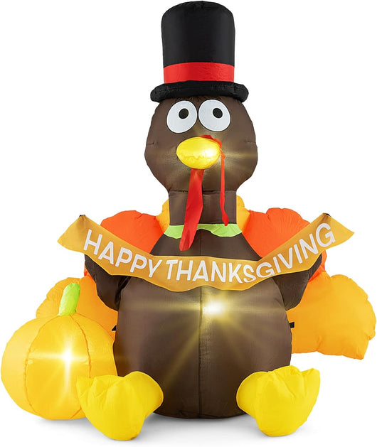 Tacchino Gonfiabile con Zucca, Decorazione Gonfiabile per Halloween con Luci a LED, Cappello da Pellegrino e Coda Colorata, Gonfiabili Felici per Festa, Giardino Esterno, Cortile e Prato