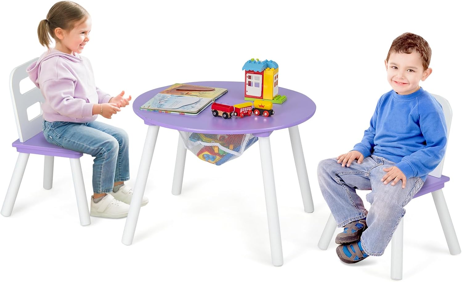 Set Tavolo Rotondo con 2 Sedie per Bambini, Set 3 Pezzi con Tavolo Attività di Legno, con Borsa a Rete, Mobile per Camera da Letto Sala Giochi per Bambini (Viola)
