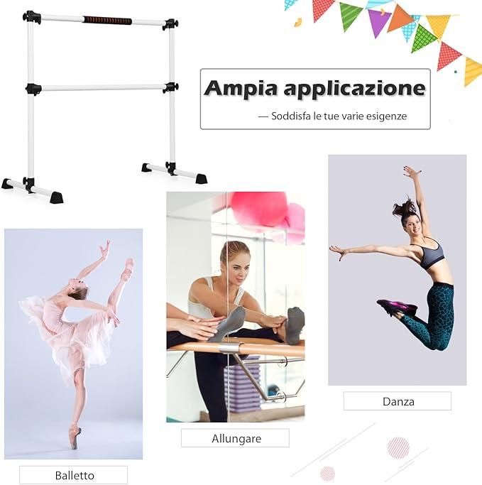 Sbarra da Balletto Doppia in Metallo, Portatile e Regolabile in Altezza con Cuscinetti Antiscivolo e Base Girevole, Ideale per Allenamento Stretch, Carico Massimo 50 kg