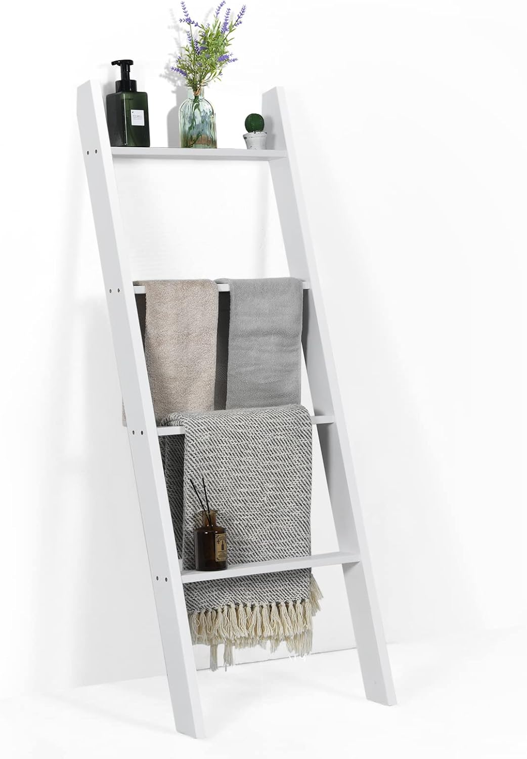 Scaffale di Stoccaggio in Legno di Pino, Porta Asciugamani a 4 Livelli per Bagno, Porta Salviette, Multiuso per Bagno Soggiorno (Bianco, 51 x 8 x 137 cm)