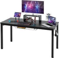 Scrivania da Gaming da 140 cm, Scrivania Ergonomica con Portabicchieri, Mensola per Monitor, Gancio per Cuffie, Cestino Portaoggetti, Scaffale per Supporti Multimediali e Piedini Regolabili