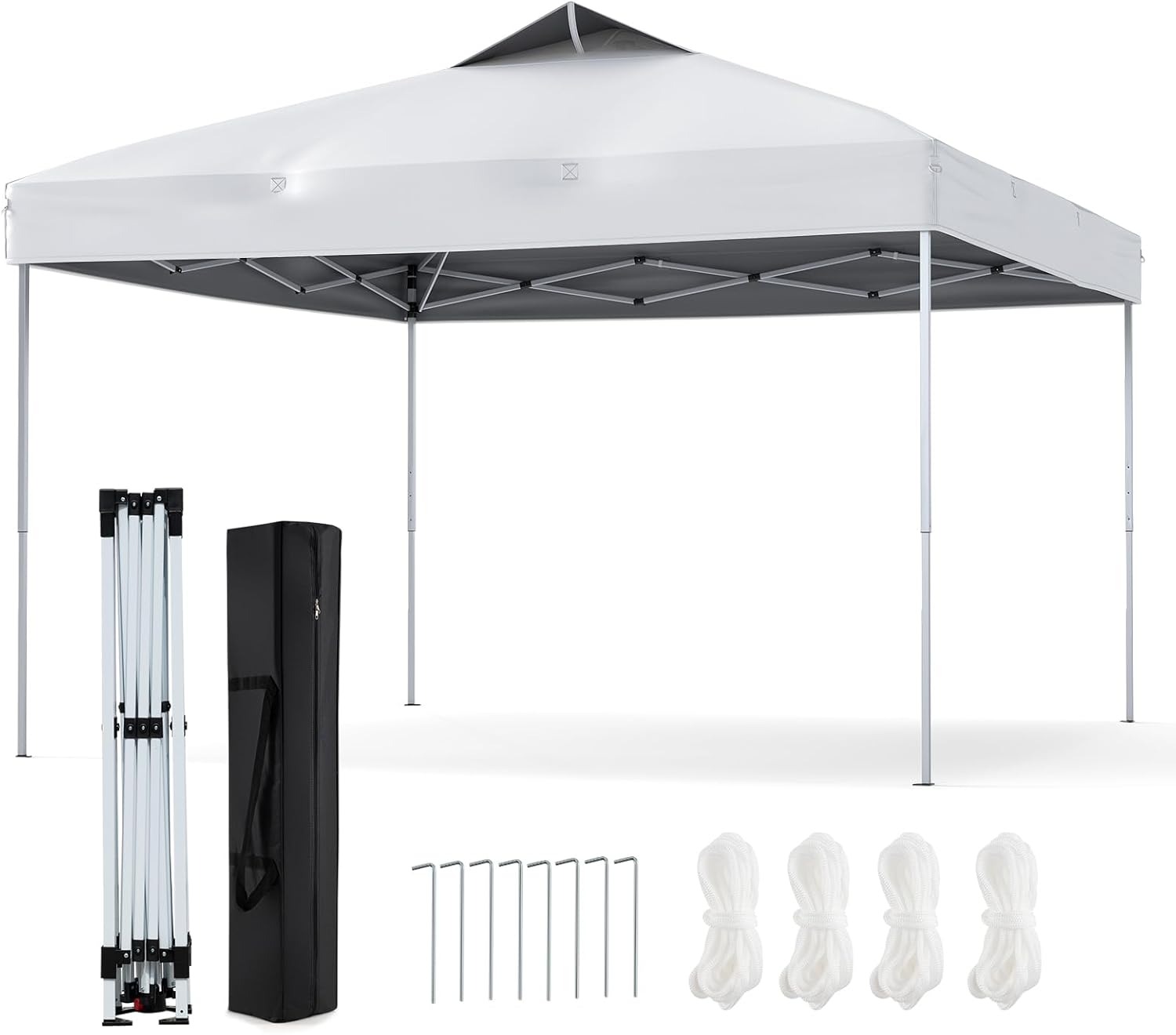 Gazebo Pop-up da 295 x 295 cm, Gazebo da Giardino Impermeabile con Blocco Centrale, Borsa da Trasporto Portatile, Corde Antivento, Picchetti, Tenda Regolabile in Altezza per Feste (Bianco)