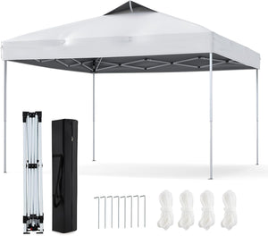 Gazebo Pop-up da 295 x 295 cm, Gazebo da Giardino Impermeabile con Blocco Centrale, Borsa da Trasporto Portatile, Corde Antivento, Picchetti, Tenda Regolabile in Altezza per Feste (Bianco)