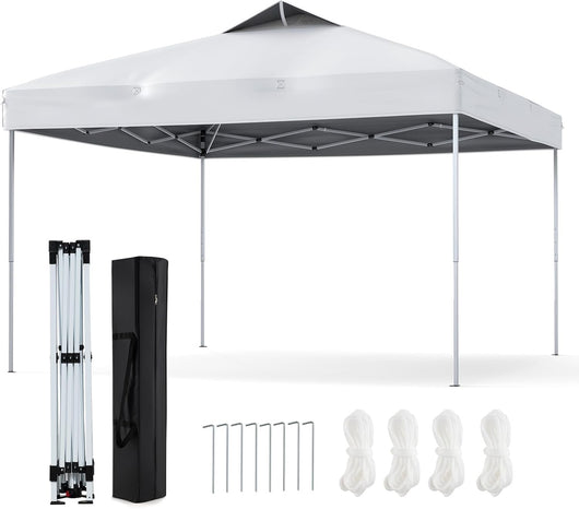 Gazebo Pop-up da 295 x 295 cm, Gazebo da Giardino Impermeabile con Blocco Centrale, Borsa da Trasporto Portatile, Corde Antivento, Picchetti, Tenda Regolabile in Altezza per Feste (Bianco)
