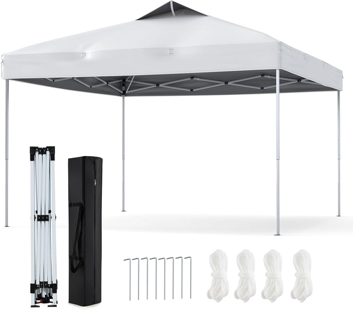 Gazebo Pop-up da 295 x 295 cm, Gazebo da Giardino Impermeabile con Blocco Centrale, Borsa da Trasporto Portatile, Corde Antivento, Picchetti, Tenda Regolabile in Altezza per Feste (Bianco)