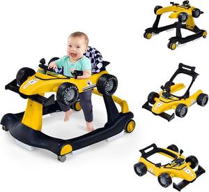 Girello per Bambini 4 in 1, Girello Pieghevole con Altezza e Velocità Regolabili, Carillon con Luci, Volante, Primi Passi per Bambini 6-18 Mesi, Portata 15 kg (Giallo)
