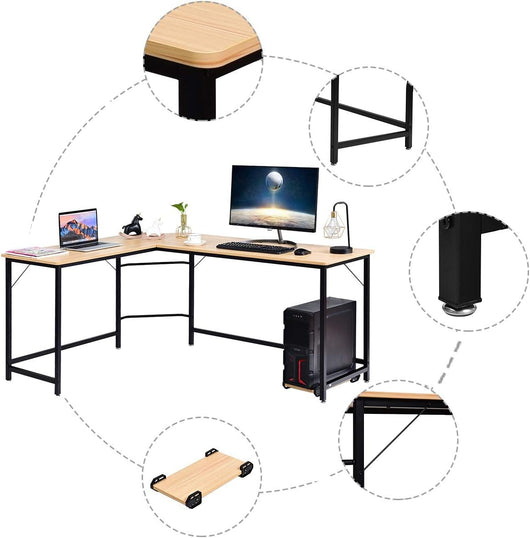 Scrivania Angolare in Legno e Ferro, Scrivania Porta PC con Porta CPU, Scrivania Salvaspazio Ideale per Studio e Ufficio, Portata Massima 100 kg, 168 x 125 x 74 cm Naturale