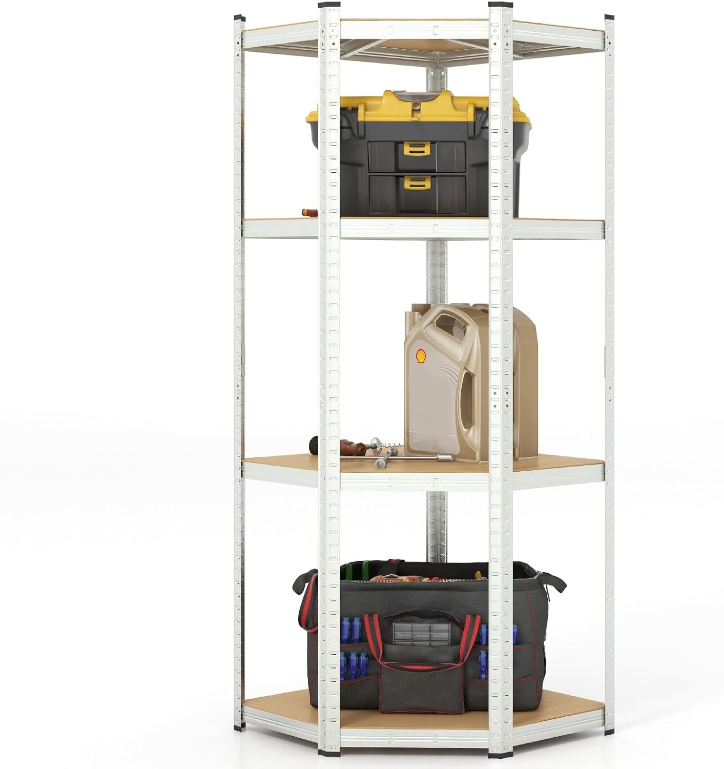 Scaffale ad Angolo a 4 Ripiani, Scaffalatura Regolabile per l'Archiviazione in Garage, Mensola Metallica Resistente, Carico 720 kg per Magazzino Dispensa e Cucina (Argento)