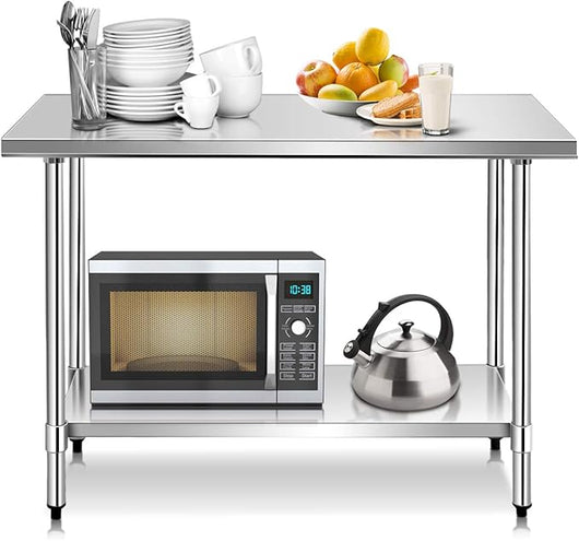 Tavolo da Lavoro in Acciaio Inox 122 x 61 x 90 Professionale, Bancone in Acciaio con Ripiano Regolabile, Mobile con Piano di Lavoro Preparazione di Alimenti, per Cucina e Ristorante