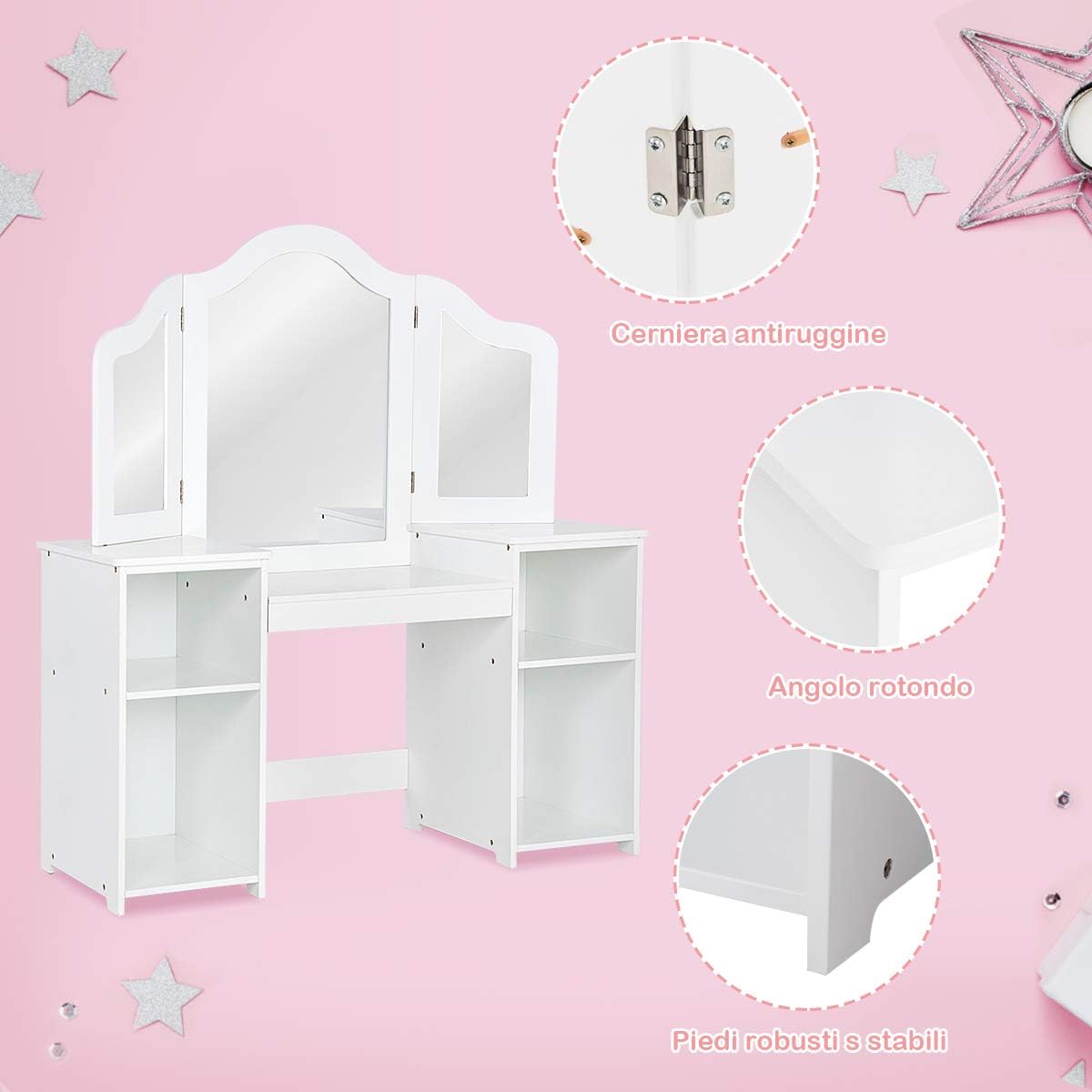 Toeletta per Bambini in Legno, Design Smontabile 2 in 1, Mobile da Trucco Stile Principessa con 4 Mensole e Specchio, Mobile per Il Trucco per Bambine e Ragazze
