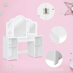 Toeletta per Bambini in Legno, Design Smontabile 2 in 1, Mobile da Trucco Stile Principessa con 4 Mensole e Specchio, Mobile per Il Trucco per Bambine e Ragazze