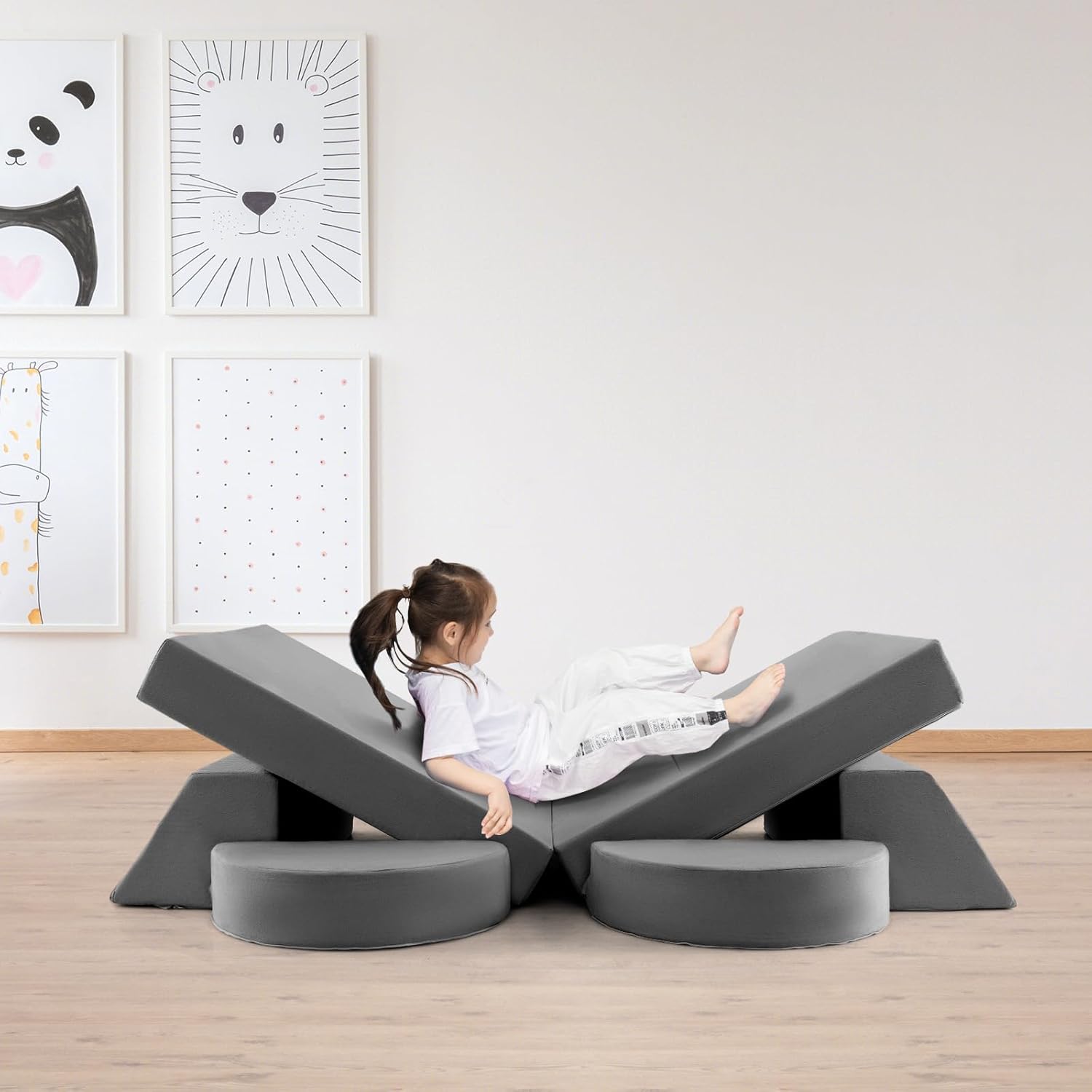 Divano Modulare per Bambini 8 Pezzi, Divanetto per Bambini con Copertura Staccabile per Sala Giochi e Camera da Letto, Divano Creativo per Bambini per Giocare, Creare e Dormire (Grigio)