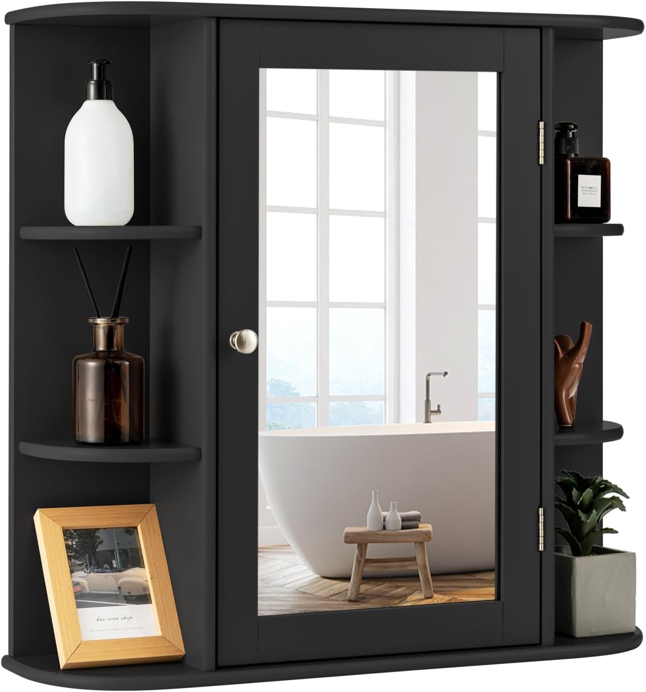 Mobile da Bagno con Specchio 66 x 17 x 63cm, Mobiletto in Legno Appeso con Mensole Regolabili, Armadietto dei Medicinali Multiuso per Bagno Salone Cucina (Nero)